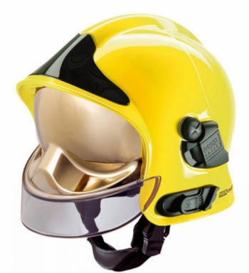 MSA F1SF Fire Helmet Yellow with black front plate and gold tinted visor