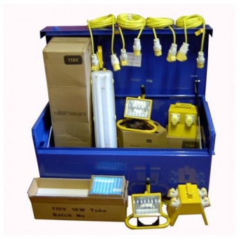 Tradesafe Site Lighting Kit comes with Tradesafe Vanbox 1, 4 x Minipod lights, 4 x 14 Metre Extension Leads, Junction Box & 10 x 500 Watt Halogen Bulbs