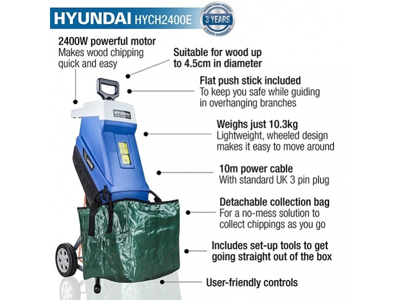 Hyundai HYCH2400E Electric Garden Shredder, 2400w / 2.4kW, 230v