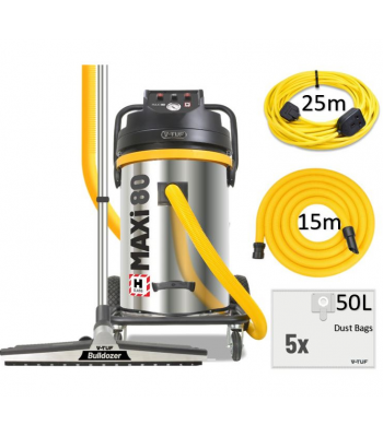 V-TUF MAXi - 80L H-Class 240v 3500w Dust Extraction Vacuum Cleaner - 450 mm WIDE Bulldoser Head & 15Metre Hose & 25M  inch Motor Saver inch  Extension Cable - Code MAXIH80240GSC-KIT1