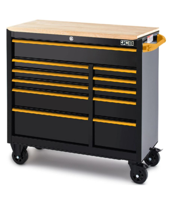 JCB Classic Design 42’’ Roller Tool Cabinet, 11 Drawers, Steel with Hardwood Worktop - JCBRCBB
