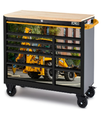 JCB 42’’ Roller Tool Cabinet, 11 Drawers, Steel with Hardwood Worktop and Telehandler Wrap - JCBTLHRCBB