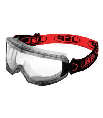 JSP EVO Single Lens Safety Goggles - Clear Anti-Scratch/Anti-Mist Lens - Black / Red Strip - AGM020-623-000