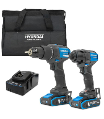 Hyundai 20V Cordless 65Nm Hammer Drill and 230Nm Impact Driver Brushless Kit, 2x 2.0Ah Li-ion Batteries and 2A Charger - S01-T2B