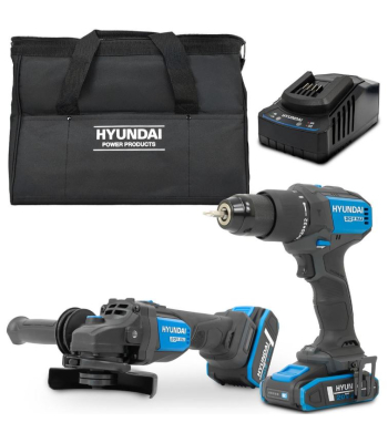 Hyundai 20V Cordless Hammer Drill 60Nm and Angle Grinder 115mm Brushless Kit, inc. 2.0Ah and 4.0Ah Li-ion Battery and 2A Charger - S02-FTB