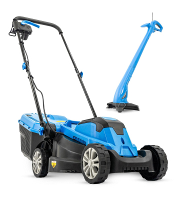 Hyundai Electric Lawn Care Bundle, 1300W 33cm Cut Lawn Mower & 250W Grass Trimmer - Code HYM3313EGT