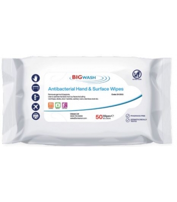 Unisan Big Wash Antibacterial Hand & Surface Wipes - Alcohol Free, Pk of 50 (Large Wipe Size: 320x200mm) - per 6 packs